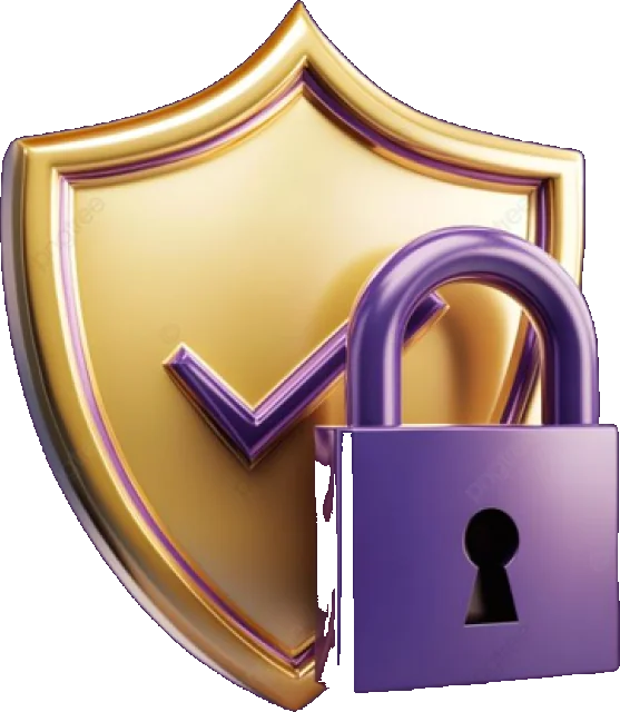 Gold security shield with a purple padlock