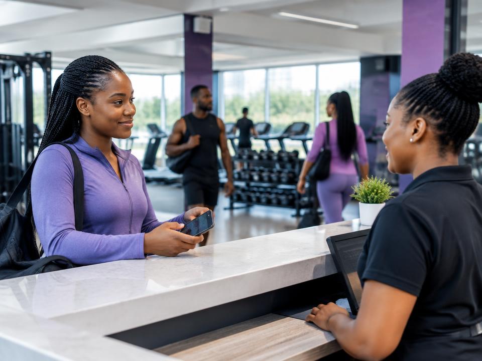 Gym member presenting a digital identity at reception