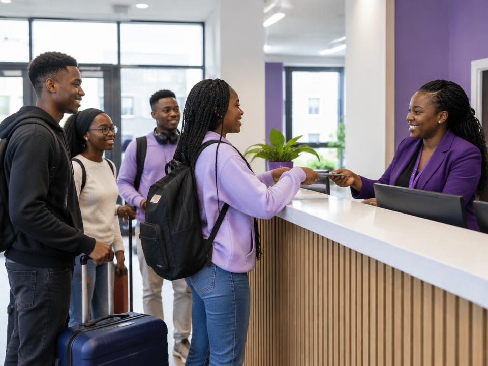 Hostel residents checking in with a reception team