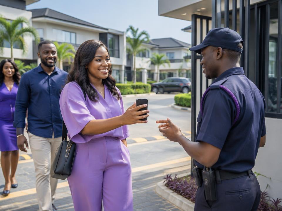 Estate resident verifying her identity with gate security