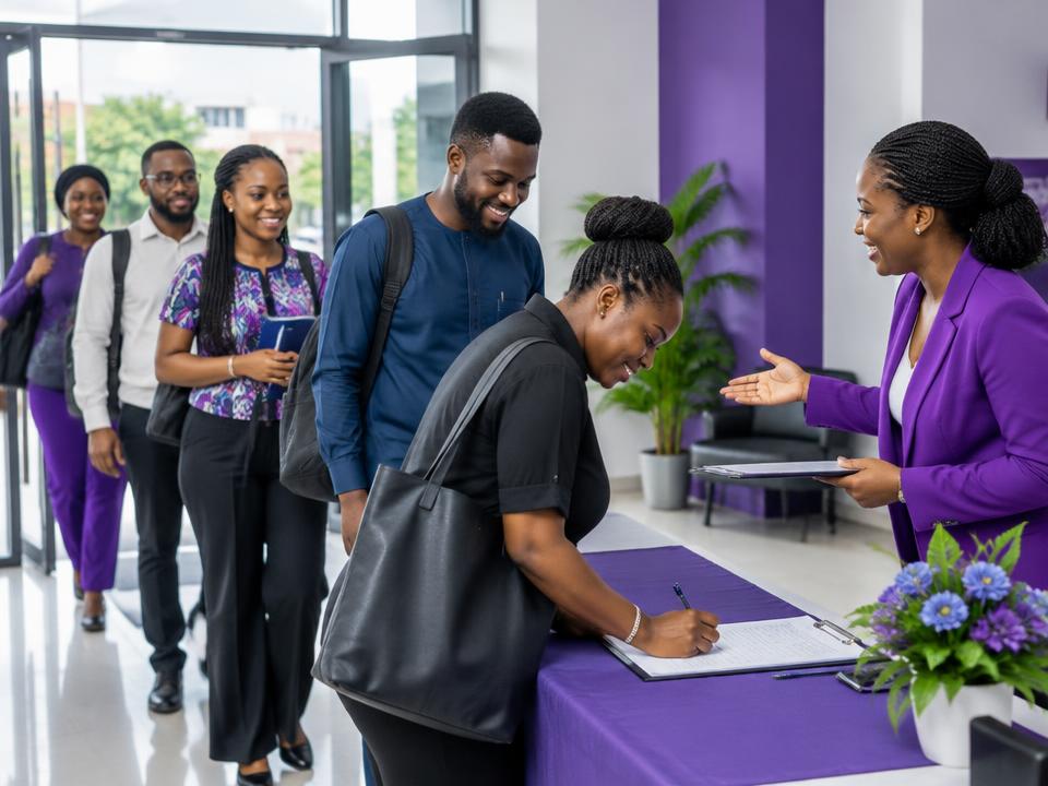 Participants registering at a professional training center